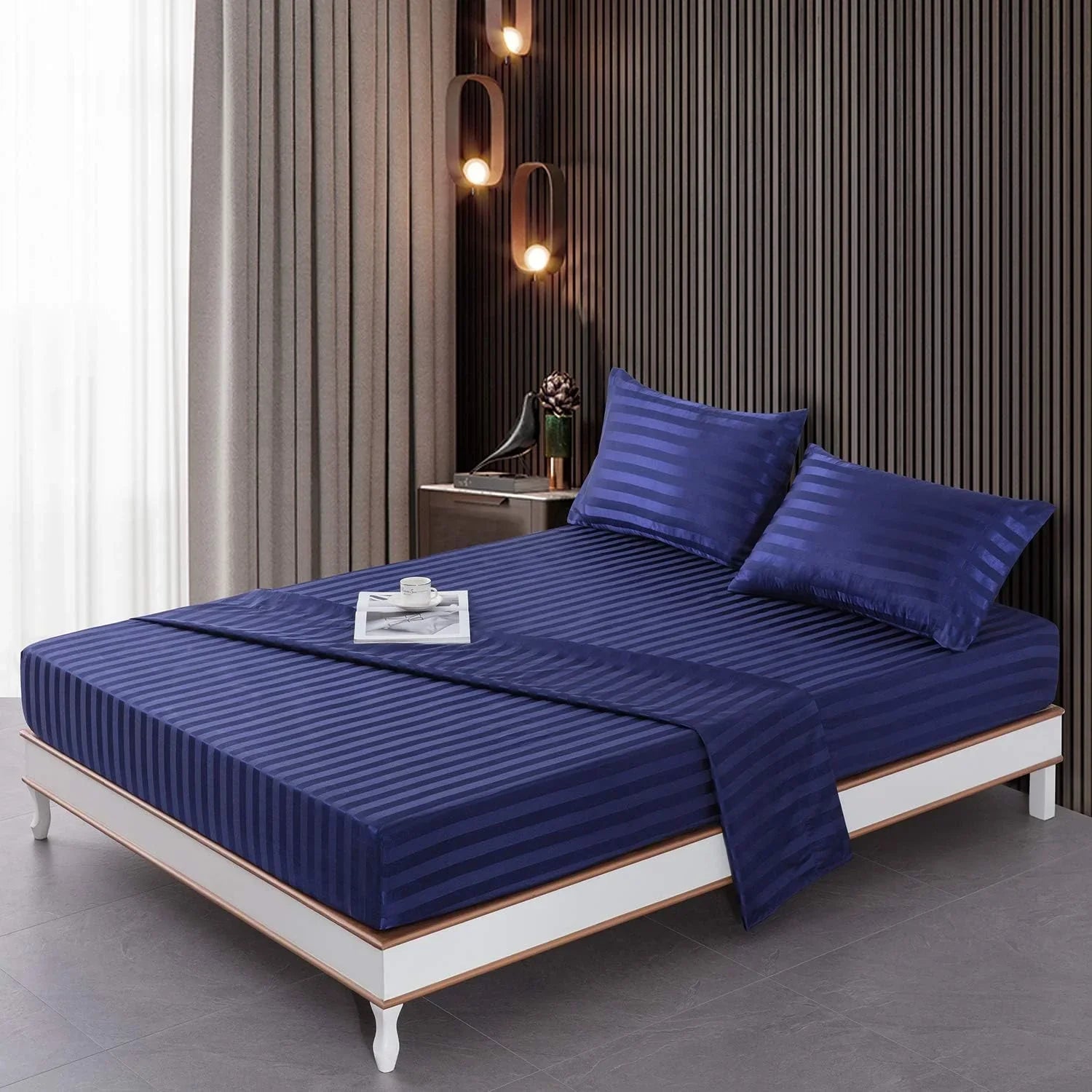 Blue stripe satin fitted bedsheet - (premium)