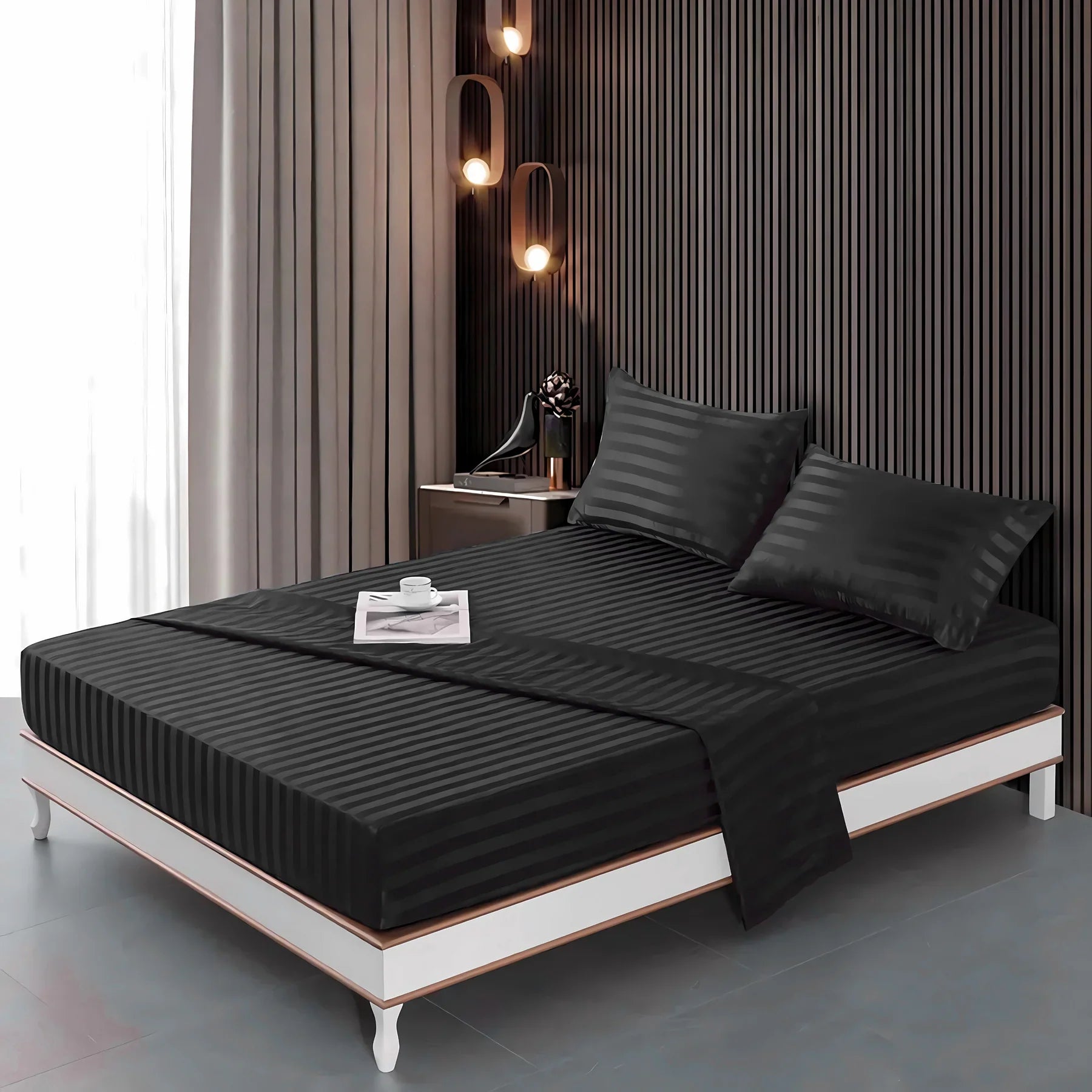 Black stripe satin fitted bedsheet - (premium)