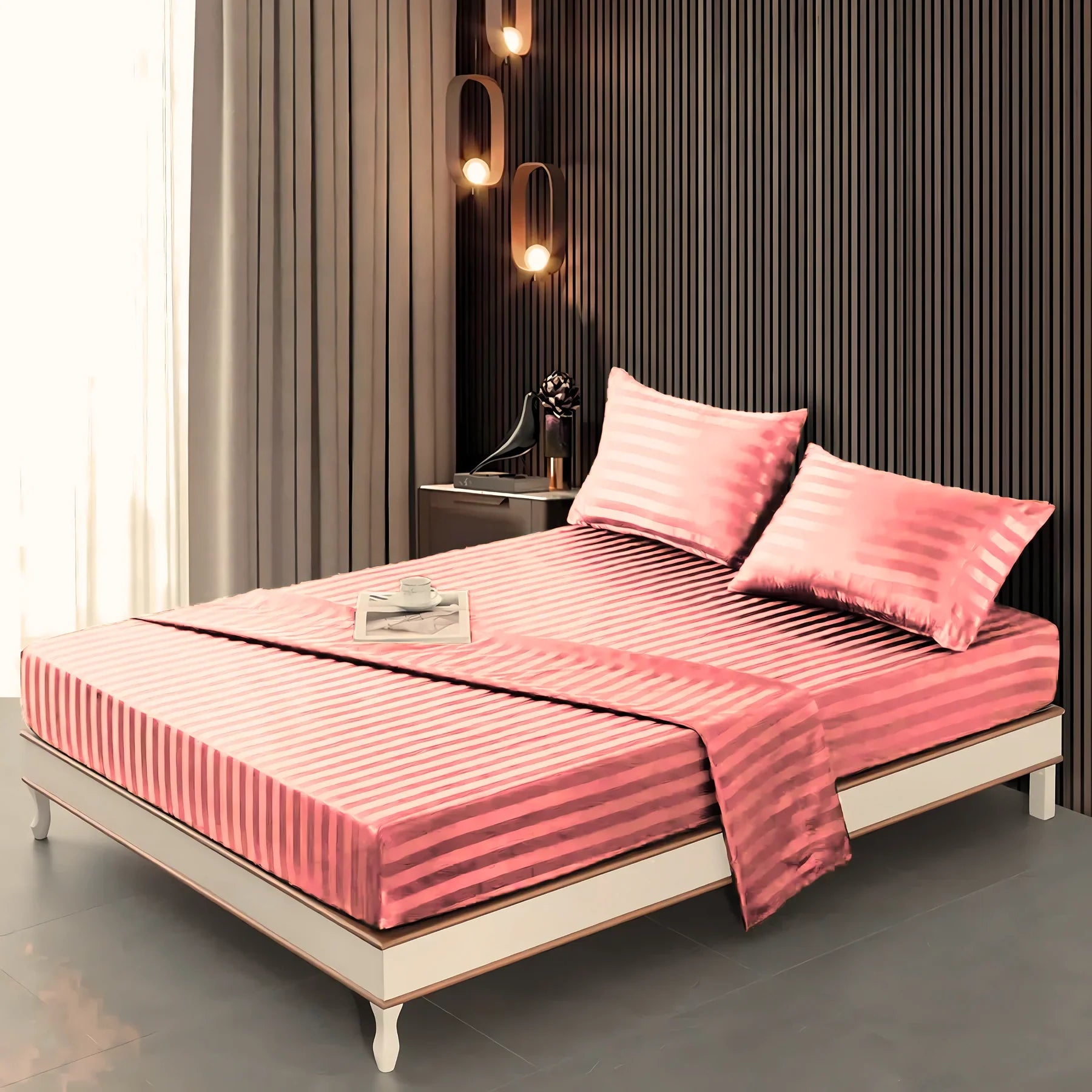 PINK stripe satin fitted bedsheet - (premium)